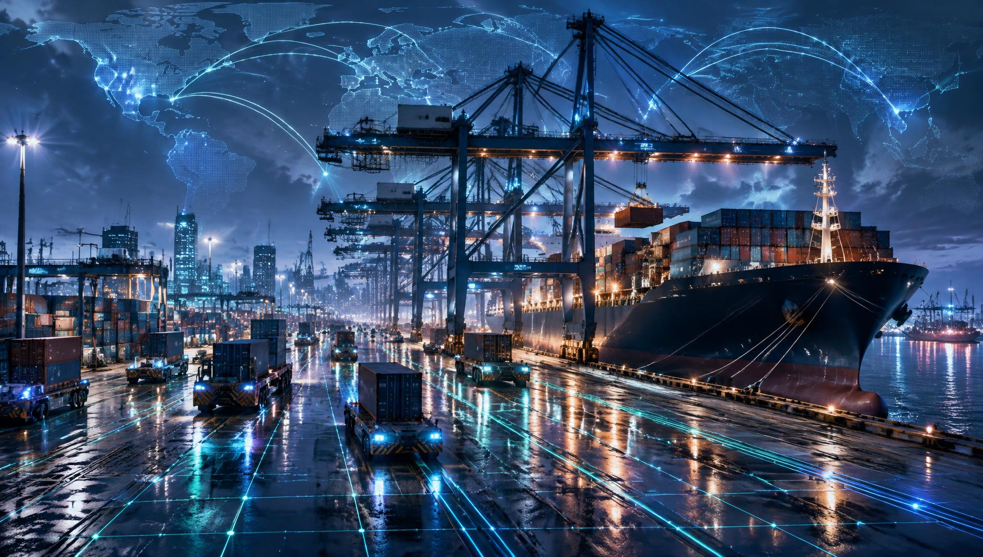 Global container port terminal with digital shipping routes